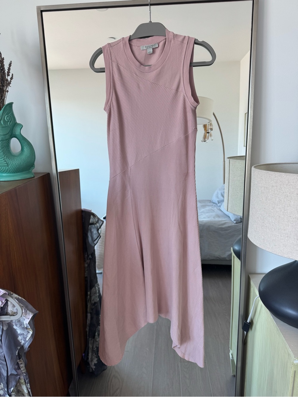 Allsaints Gia Asymmetrical Ribbed Midi Dress 6 Pale Orchid Pink